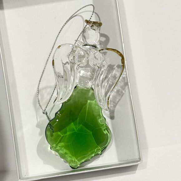 Glass Angel Ornament Green Crystal Gold Trim Praying Figurine Gift Boxed - Picture 10 of 16